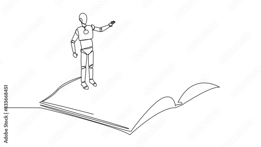 Poster self drawing animation of single line drawing smart robotic standing over open ledger turning page. 