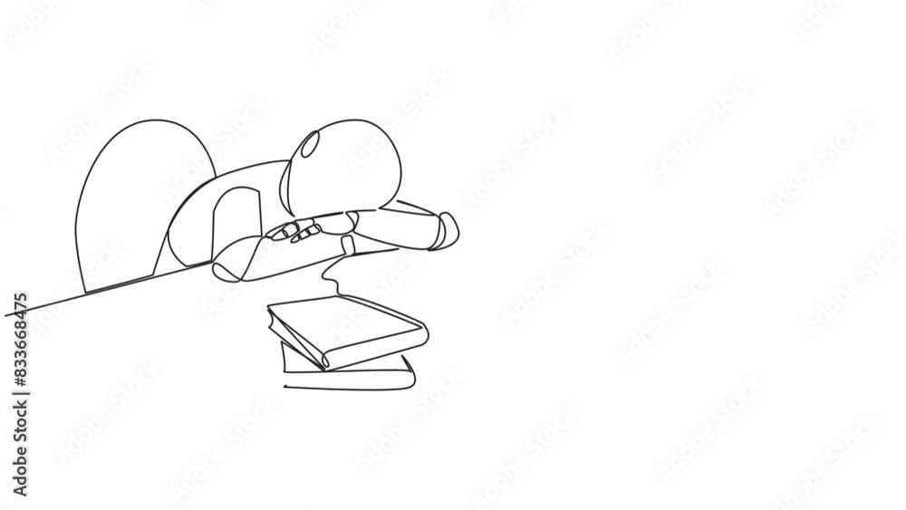 Poster animated self drawing of continuous line drawing smart robotic asleep at table where there were pile
