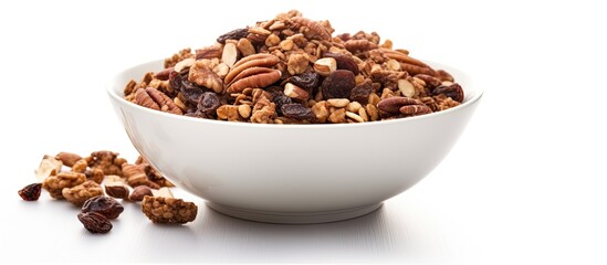 A bowl of chocolate granola cereal with nuts on a white background perfect for copy space image