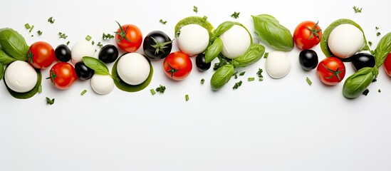 A copy space image featuring ingredients for a Caprese salad basil mozzarella balls and tomatoes arranged on a white background