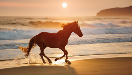 Hors running the the ocean beach at sunset light.