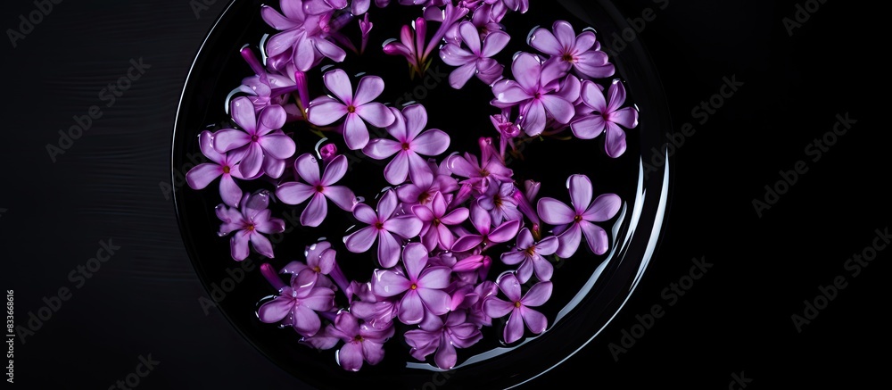 Poster a top view of a black background with a copy space image of lilac flowers floating in a bowl of wate