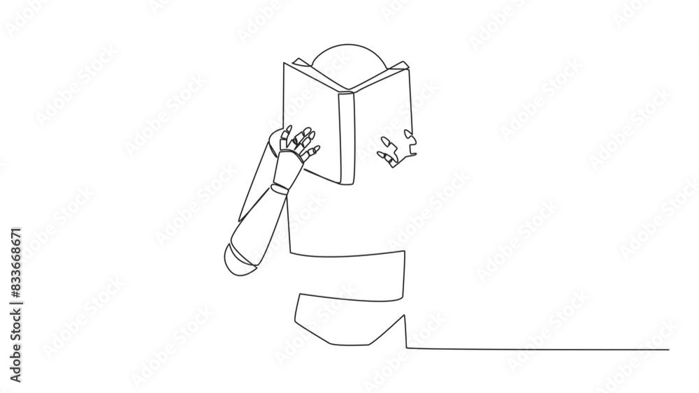Poster animation of continuous one line drawing robot seriously reading book until cover the face. nervous 