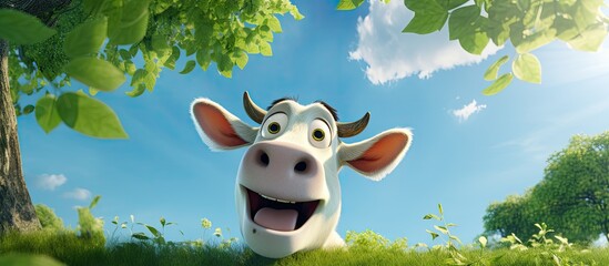 A whimsical close up of a cow s nose and mouth with the head held high capturing the nostrils and ears set against a vibrant green field and a majestic tree backdrop on a sunny summer day COPY SPACE