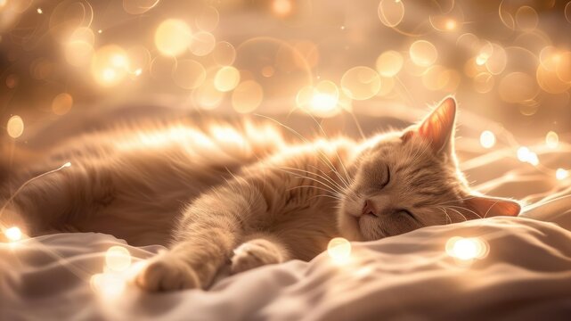 Dreamy image of a sleeping cat surrounded by soft, ethereal lights and faint images of playful scenarios, exploring the idea "Can cats dream?"
