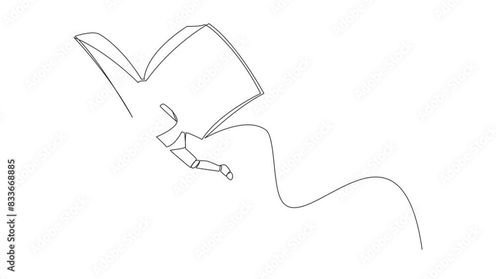 Poster self drawing animation of single line drawing smart robot flying with wings that come from open big 