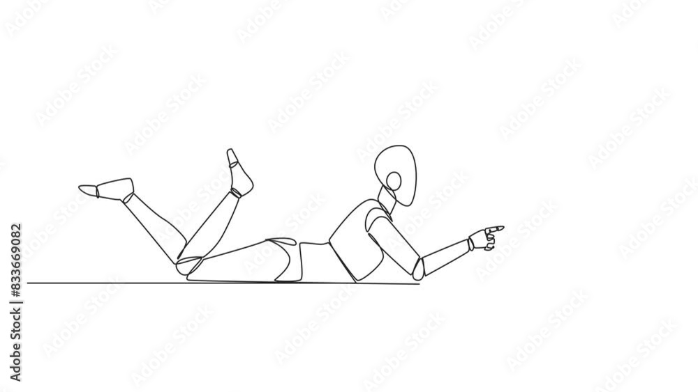 Poster animated self drawing of continuous line drawing smart robot lying on stomach reading big book. enjo