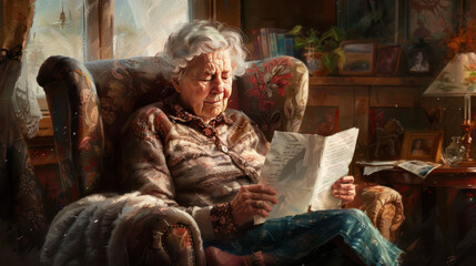 Elderly woman in her favorite armchair, reading a letter with an astonished expression, with personal memorabilia and a warm, inviting background.
