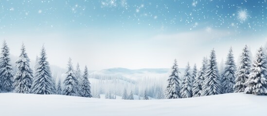 A winter scene with snow covered Christmas trees serves as a background for a delightful holiday greeting with copy space