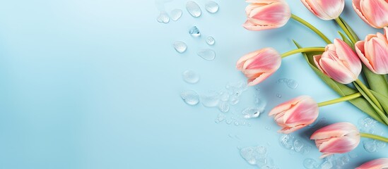 Top view of beautiful tulips in water on a light blue background with copy space for text