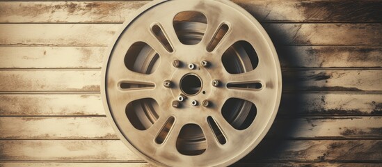 Fototapeta premium Vintage film reel displayed on a bright wooden backdrop Ideal for wallpapers and can be used as a copy space image