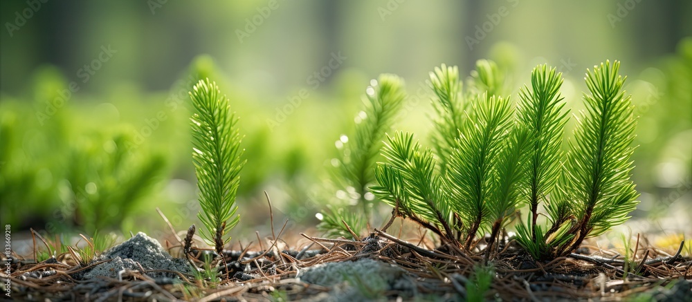 Poster close up image of young pine shoots and needles with empty space for copy