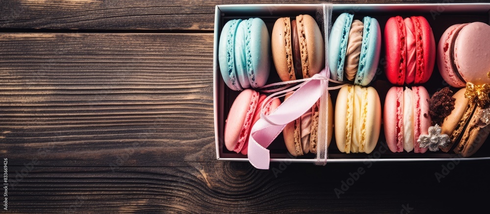 Poster top view of a retro toned image showcasing sweet macarons in a gift box on a wooden table ample copy