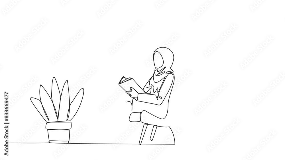 Poster animated self drawing of one line drawing arabian woman sitting reading in room with the reading lam