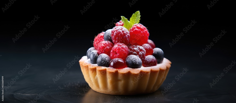 Poster a front view of a small fresh tartlet with a metallic red berry filling set on a gray background amp