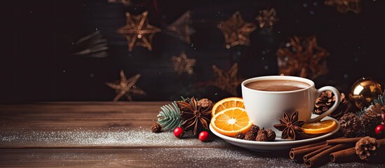 A coffee cup adorned with Christmas themed natural decor including dried orange slices cinnamon berries cones and nuts This festive copy space image evokes the winter season and the celebrations of C - Powered by Adobe