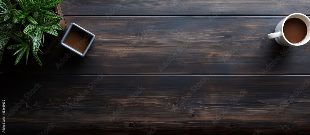 Poster the top down view of a black wooden office desk features a computer keyboard notepad plant and cup o