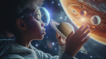 Smart elementary student learning about star and planet at astronomy lesson. Happy curious children studying, exploring and looking at simulated solar system and universe by using innovation. AIG42.