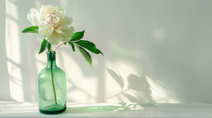 Elegant single peony in a green glass vase, set against a simple background, showcasing the beauty of minimalistic floral arrangements.