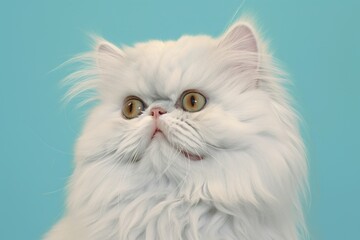 Portrait of a smiling persian cat while standing against pastel blue background