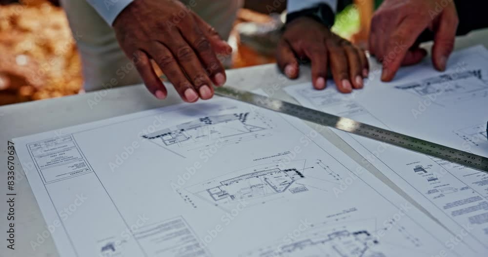 Poster Hands, blueprint and man for architecture, planning and design with isometric drawing at construction site. Engineer, floor plan and collaboration for engineering, building and project management