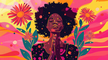 Empowering image of an African American woman with flowers in her hands, standing against a vibrant backdrop, perfect for BLM solidarity and awareness campaigns.