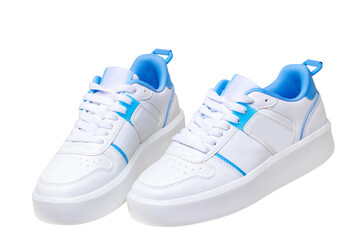 White sneaker. Close-up of a pair white elegant stylish female leather high-heeled sport shoes isolated. Clipping path. Womens shoe fashion. Modern design footwear for workout.