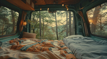 Fototapeta premium Escape to a dreamy van sleeping spot overlooking the forest, embracing the peace and freedom of van life alongside a stunning natural backdrop that inspires wanderlust.