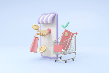 3D Render of Mobile Storefront with Smartphone, Shopping Bags, Coins, Trolley, Check Mark, and Debit Card
