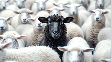 A single black sheep stands out amidst a sea of white sheep, highlighting the concept of individuality within conformity