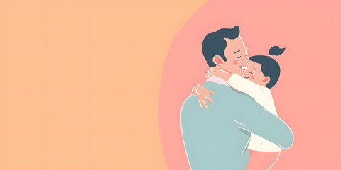 Simple illustration of a baby hugging dad in bright pastel colors, designed as a banner with space for text, Father's Day