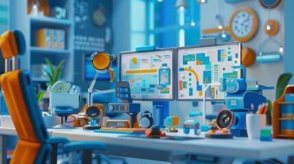A lively 3D scene of an office worker immersed in a tech-driven workspace. The desk is cluttered with colorful gadgets, dual monitors displaying complex data, and ergonomic office furniture. The