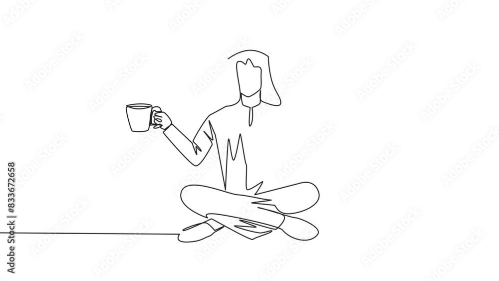 Poster animated self drawing of single line drawing arabian man sitting cross-legged reading book. accompan