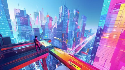 Obraz premium worker in a bustling urban environment, surrounded by vibrant skyscrapers, detailed street infrastructure, and modern public transport. The scene captures the dynamic and