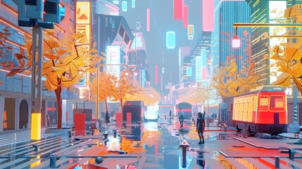 A colorful 3D depiction bustling urban environment, surrounded by vibrant skyscrapers, detailed street infrastructure, and modern public transport. The scene captures the dynamic and