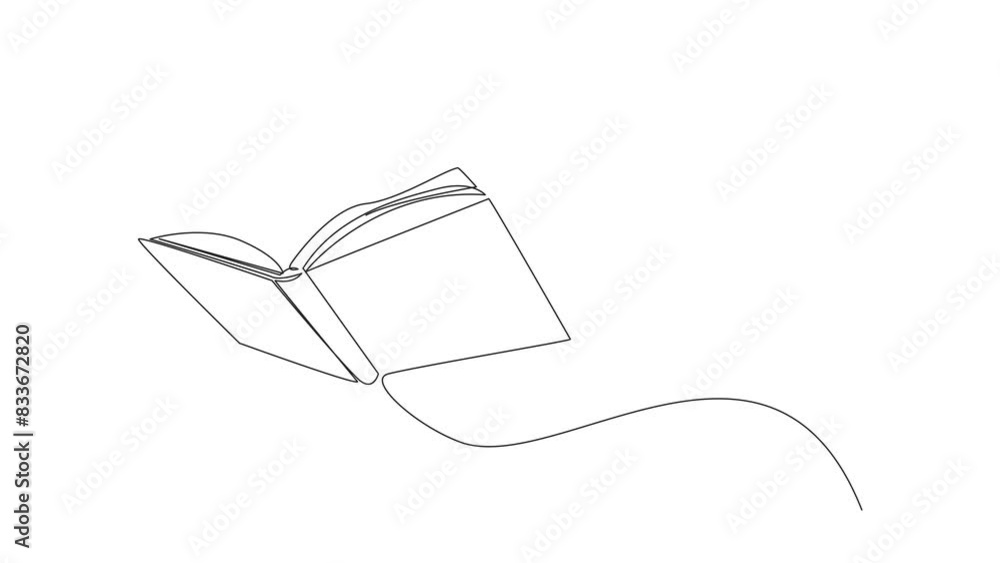 Poster self drawing animation of single line drawing arabian man standing on large flying open book. like r