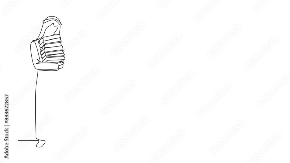 Poster animated self drawing of continuous line drawing arab man standing hugging some books. favorite book