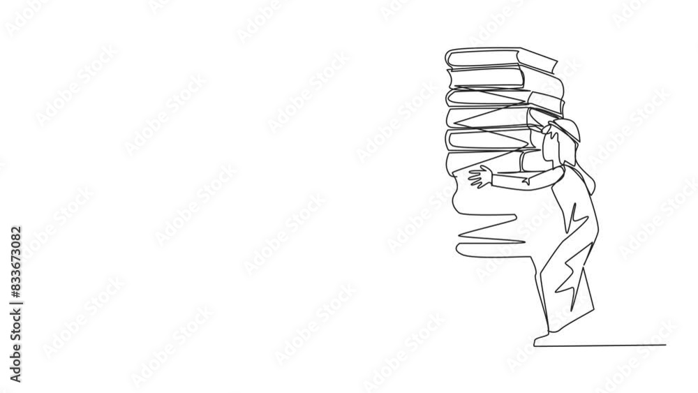 Poster animation of continuous line drawing arab man hugging a very high pile of books. hobby to reading bo