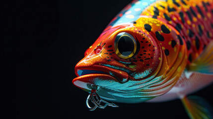 High-detail image of a rubber fish lure with a securely attached hook, capturing the lifelike features and vivid hues aimed at luring fish.