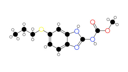 albendazole molecule, structural chemical formula, ball-and-stick model, isolated image antiprotozoal agent