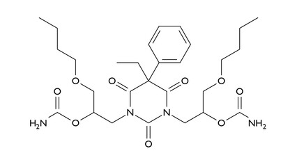 difebarbamate molecule, structural chemical formula, ball-and-stick model, isolated image tranquilizer