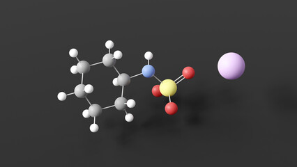 cyclamate molecular structure, artificial sweetener e952, ball and stick 3d model, structural chemical formula with colored atoms