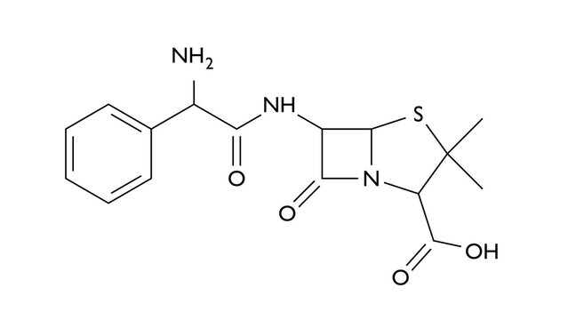 ampicillin molecule, structural chemical formula, ball-and-stick model, isolated image antibiotic