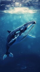 Naklejka premium Majestic Whale Swimming in Shimmering Blue Ocean Depths