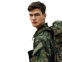 marine infantry, commando soldier in full protective ammunition, standing with service rifle equipped grenade launcher. isolated on white background. AI Generative