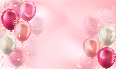 Template of background with 3d colorful pink realistic balloons with confetti ribbons frame and empty space for greeting text or invitation. Banner for celebration, sale, opening, wedding, holiday, 