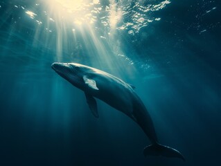 Naklejka premium Majestic Whale Swimming in Sunlit Serenity Underwater