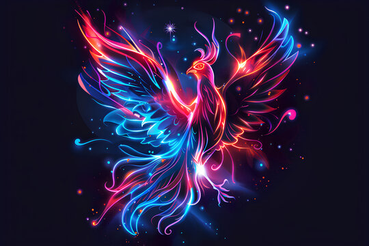 neon burning phoenix illustration, black background 3d rendering AI generative