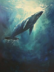 Fototapeta premium Majestic Whale Gliding Through Illuminated Underwater Realm