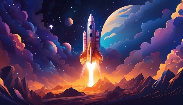 Spaceship takes off into the night sky on a mission